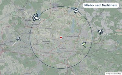 Mapa okolic miasta z sylwetkami samolotów — Niebo nad Będzinem